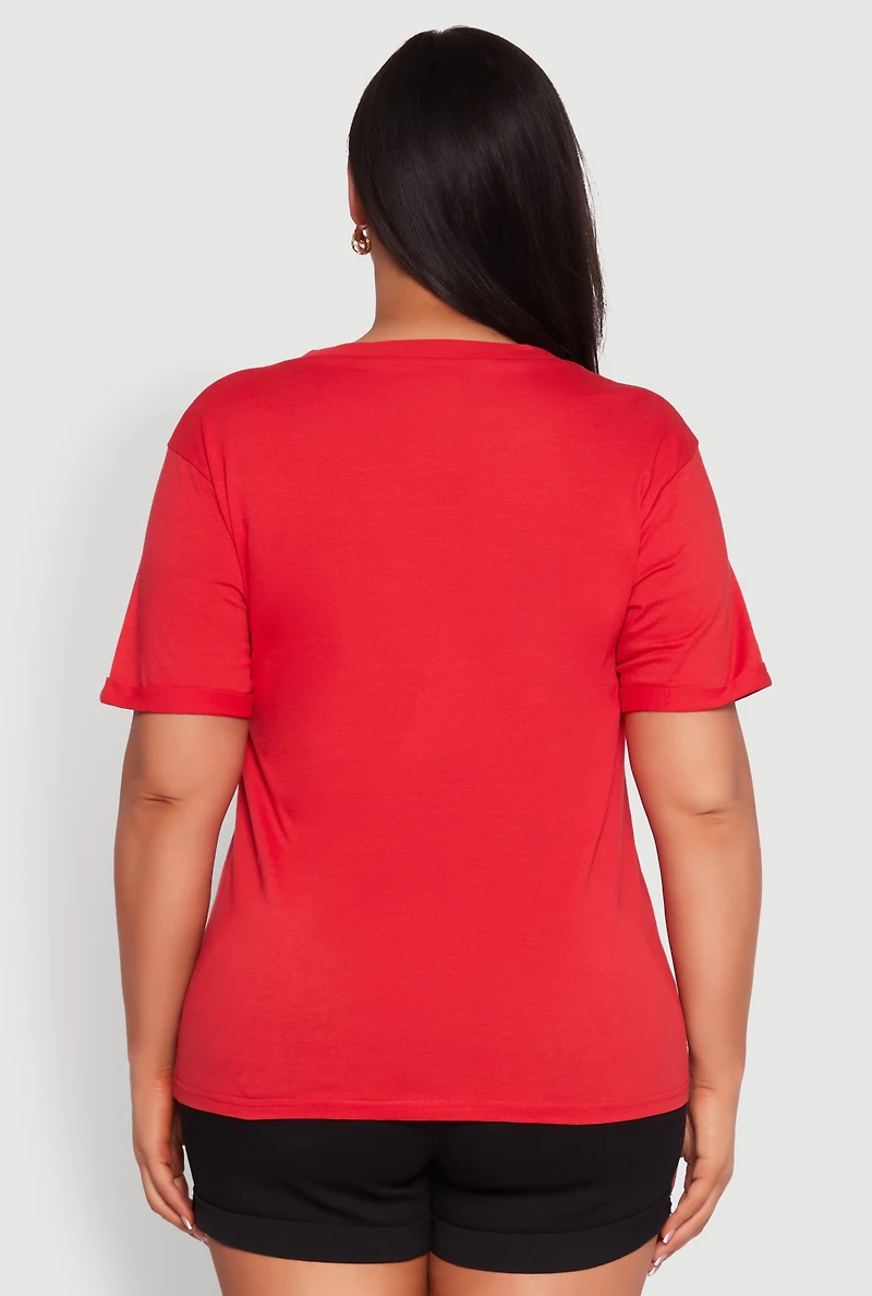 Womens Plus Size Notch Neck T Shirt, Red, Size 2X