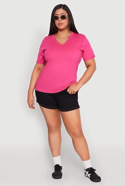 Womens Plus Size Notch Neck T Shirt, Pink, Size 2X