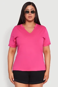 Womens Plus Size Notch Neck T Shirt, Pink, Size 2X