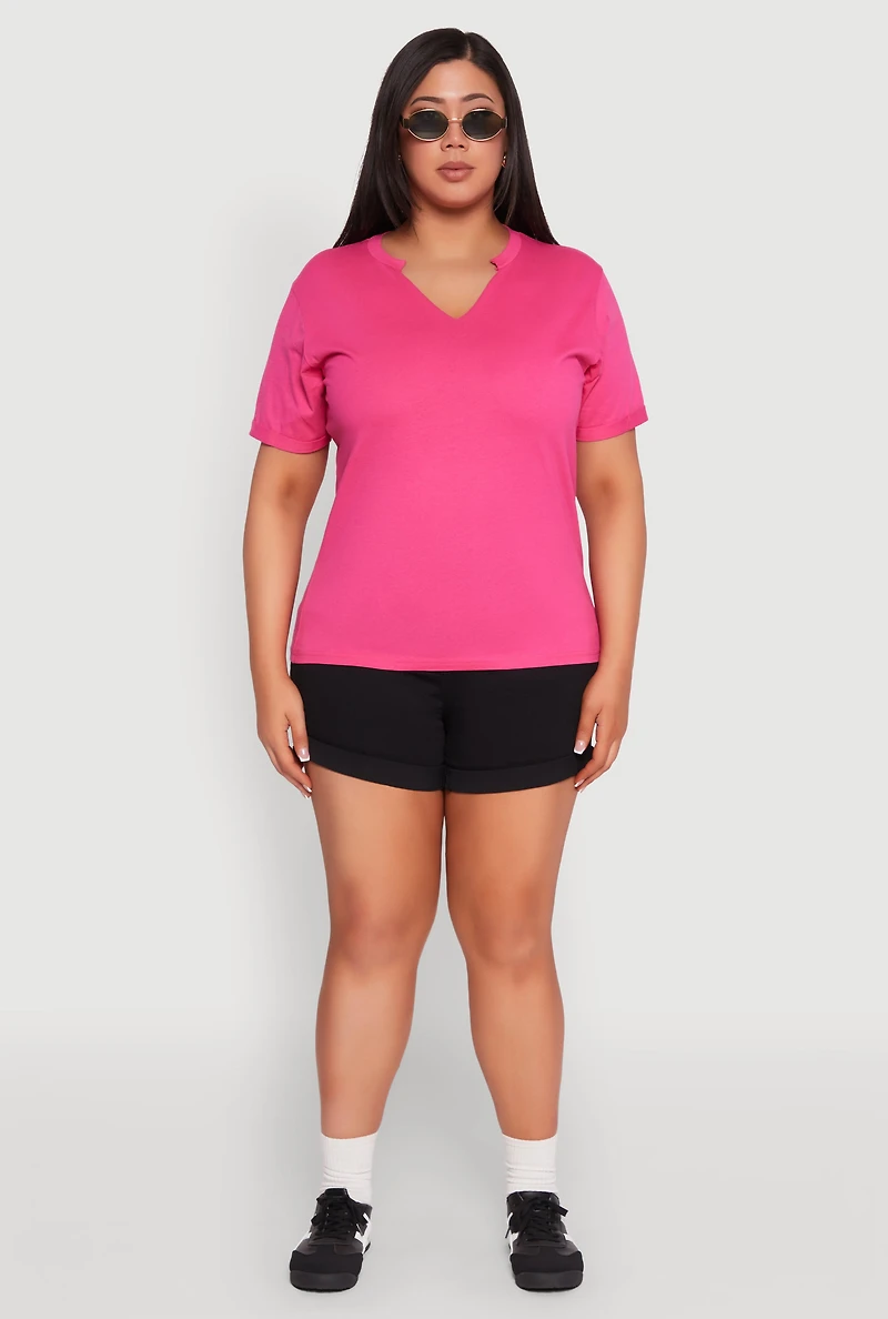 Womens Plus Size Notch Neck T Shirt, Pink, Size 2X
