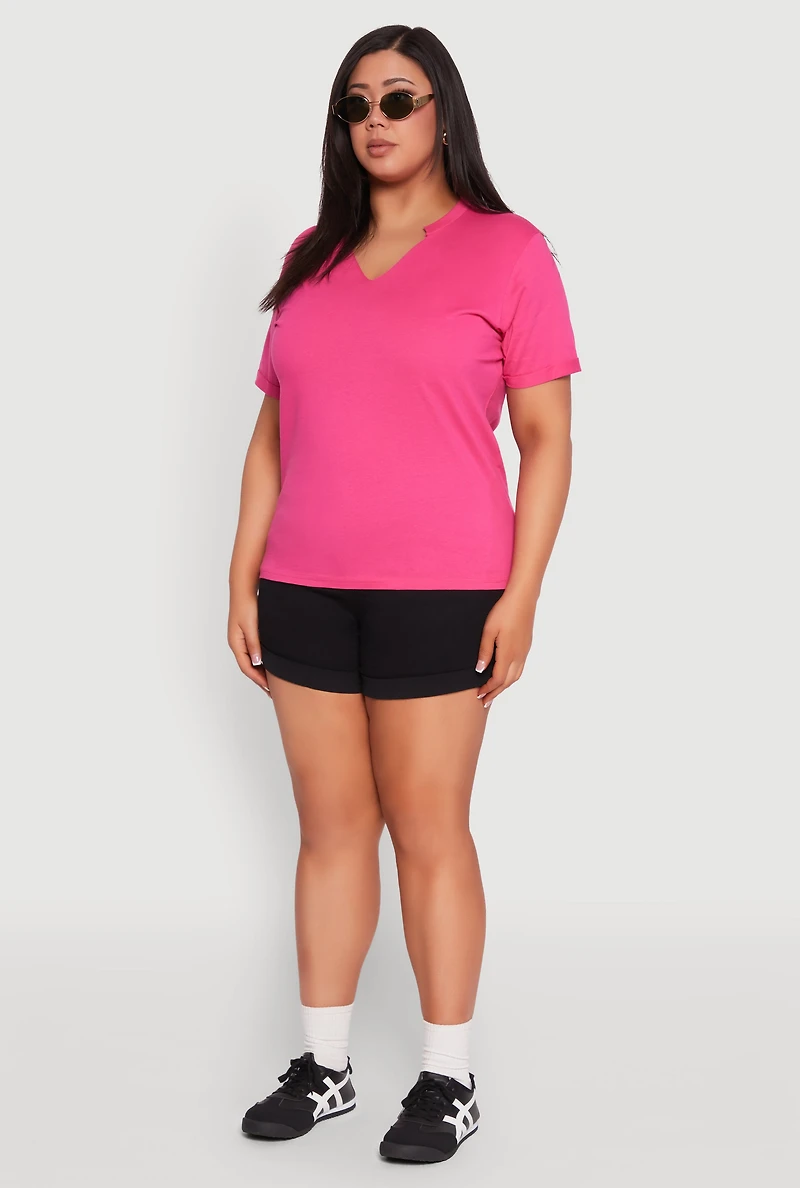 Womens Plus Size Notch Neck T Shirt, Pink, Size 2X