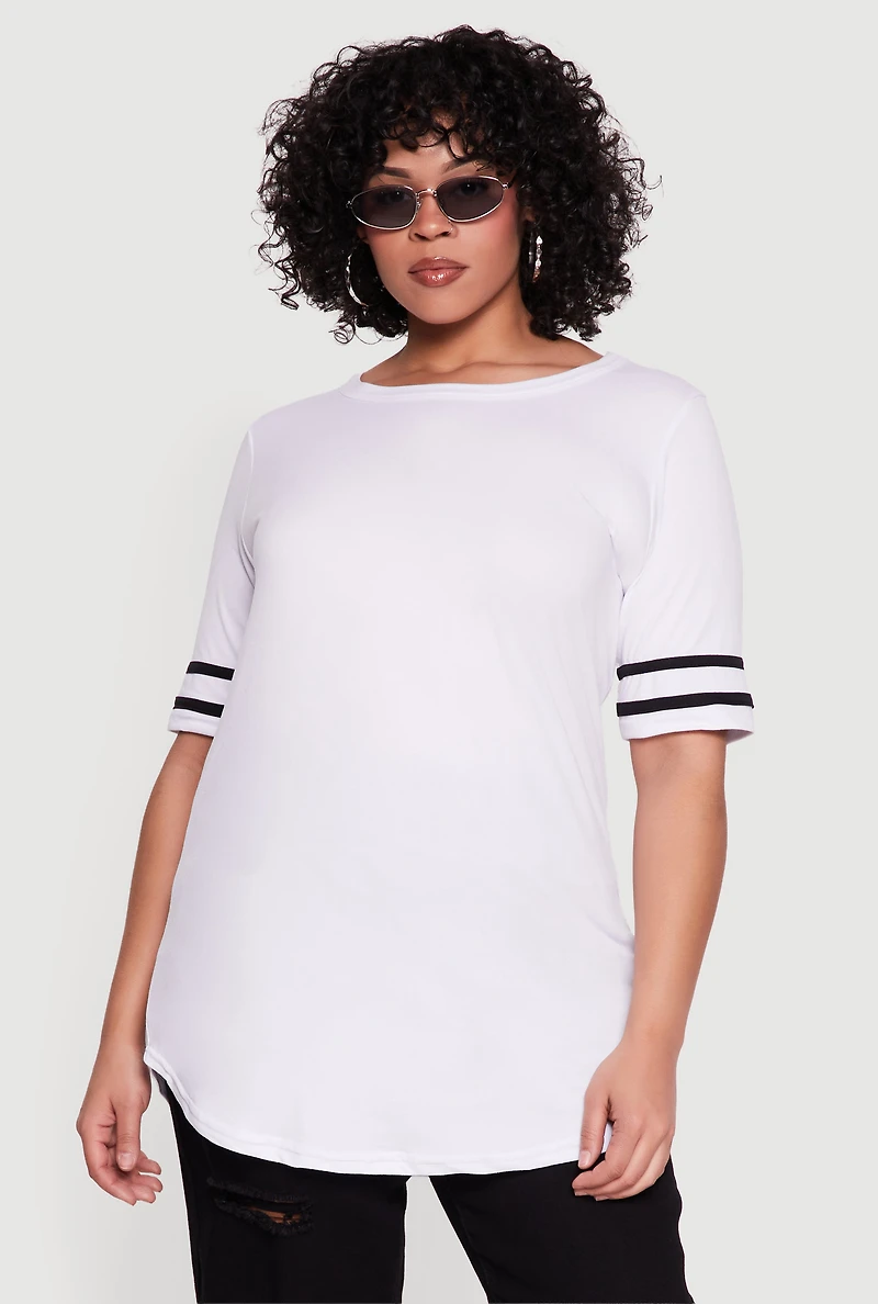 Plus Varsity Stripe Detail Short Sleeve Tunic Top
