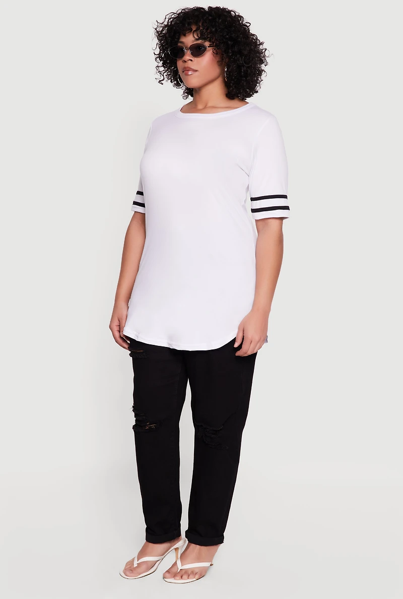 Plus Varsity Stripe Detail Short Sleeve Tunic Top