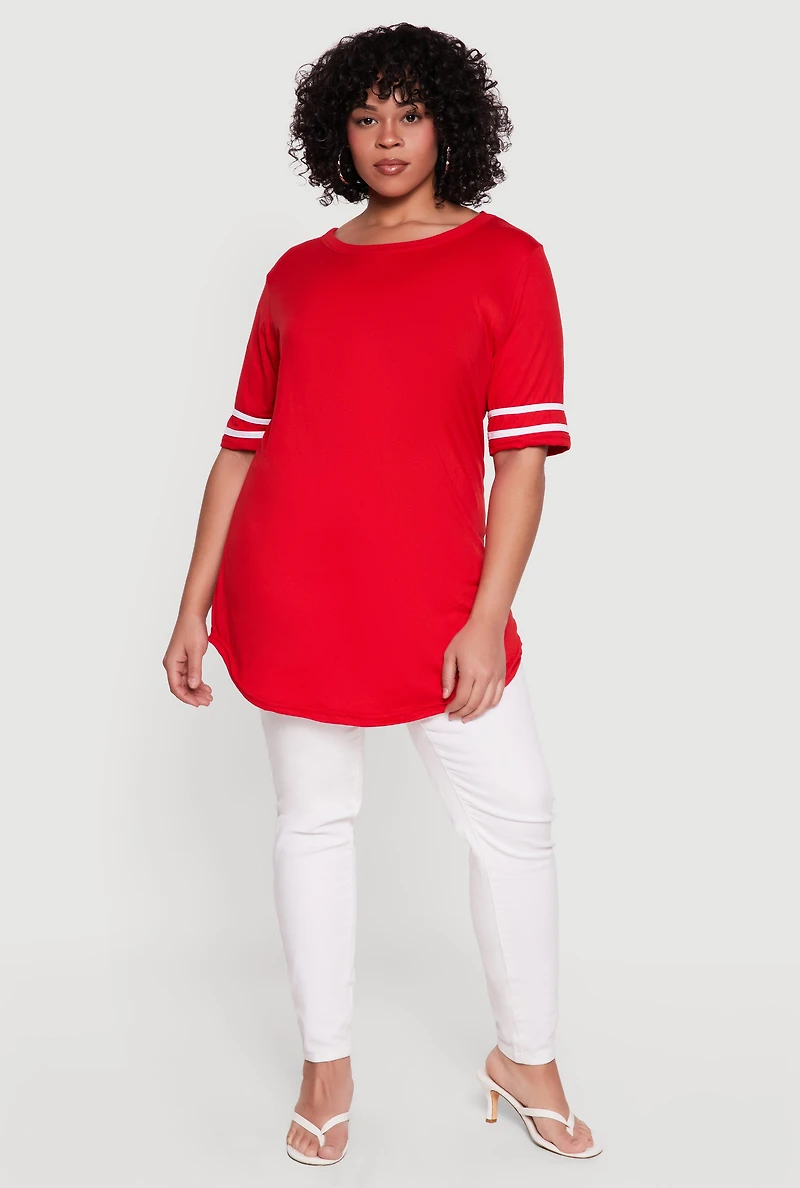 Plus Varsity Stripe Detail Short Sleeve Tunic Top