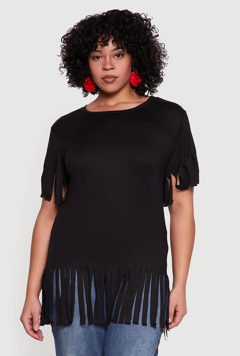 Plus Short Sleeve Fringe Hem Tee