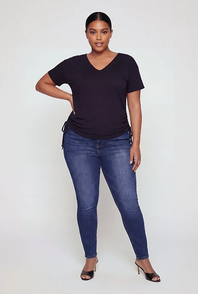 Plus V Neck Drawstring Side Ruched Tee