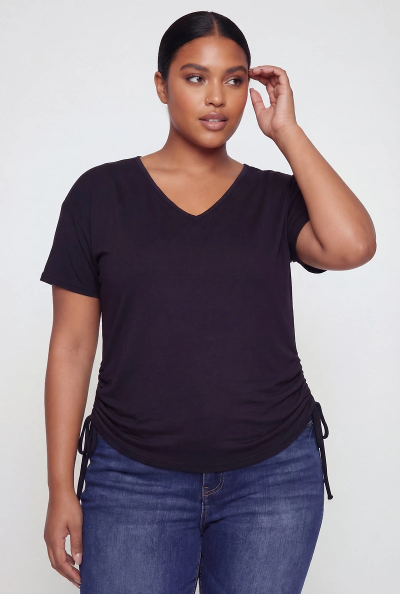 Plus V Neck Drawstring Side Ruched Tee