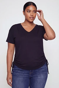 Plus V Neck Drawstring Side Ruched Tee