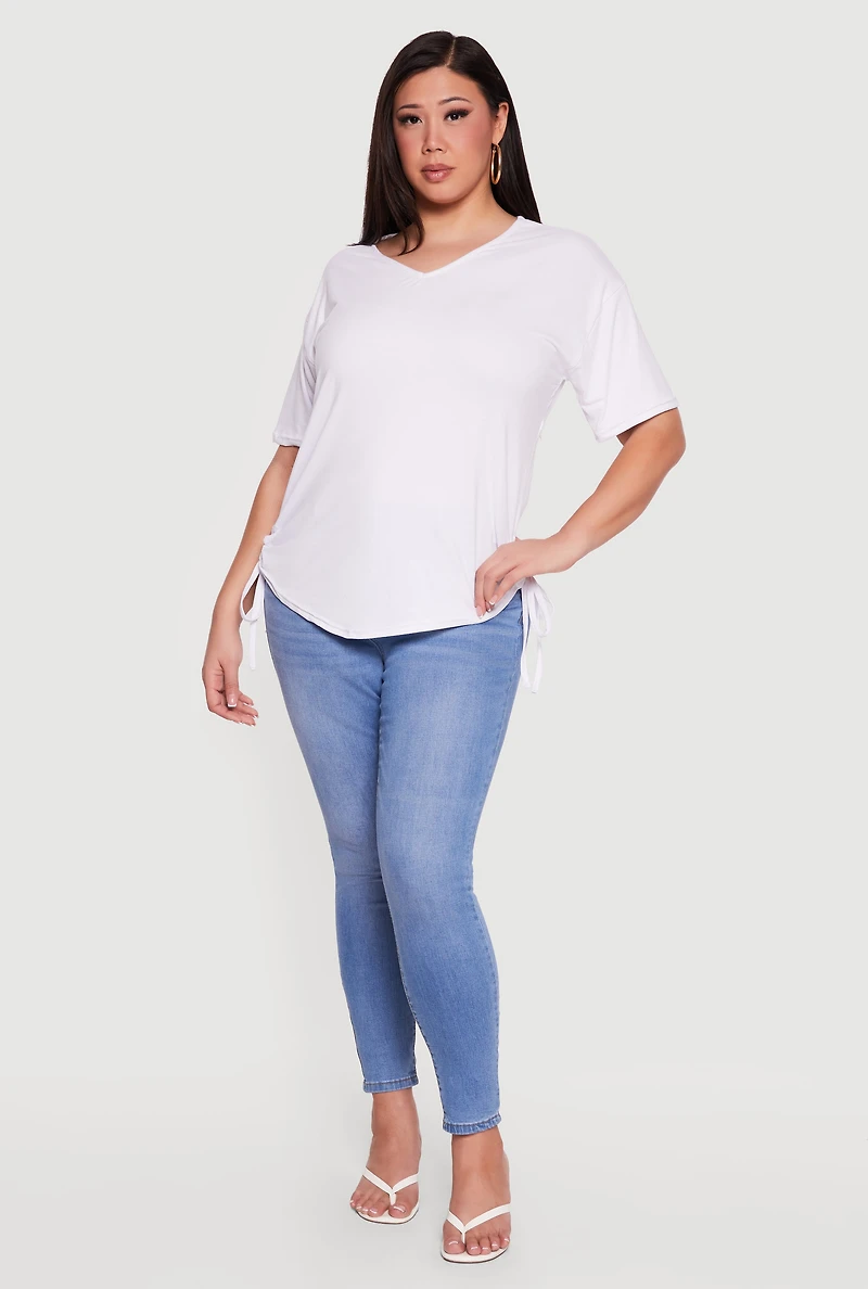 Plus V Neck Drawstring Side Ruched Tee