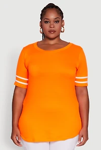 Womens Plus Size Classic Fit Tunic T-Shirt with Varsity Stripes, Orange, Size 3X