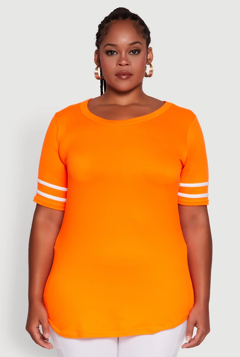 Womens Plus Size Classic Fit Tunic T-Shirt with Varsity Stripes, Orange, Size 1X
