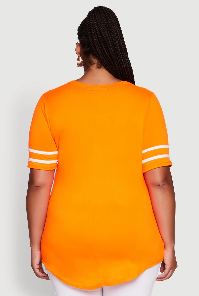 Womens Plus Size Classic Fit Tunic T-Shirt with Varsity Stripes, Orange, Size 1X