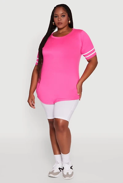 Womens Plus Size Classic Fit Tunic T-Shirt with Varsity Stripes, Pink, Size 1X