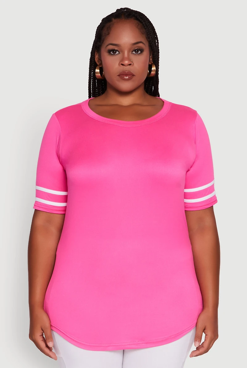 Womens Plus Size Classic Fit Tunic T-Shirt with Varsity Stripes, Pink, Size 1X