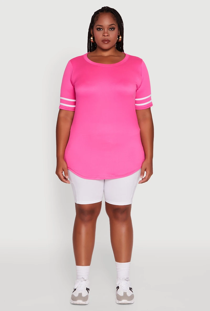 Womens Plus Size Classic Fit Tunic T-Shirt with Varsity Stripes, Pink, Size 1X