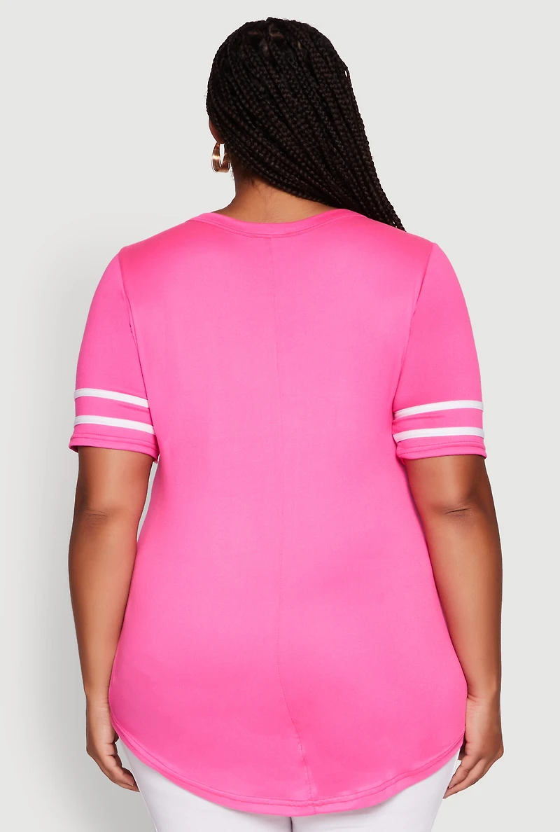 Womens Plus Size Classic Fit Tunic T-Shirt with Varsity Stripes, Pink, Size 1X
