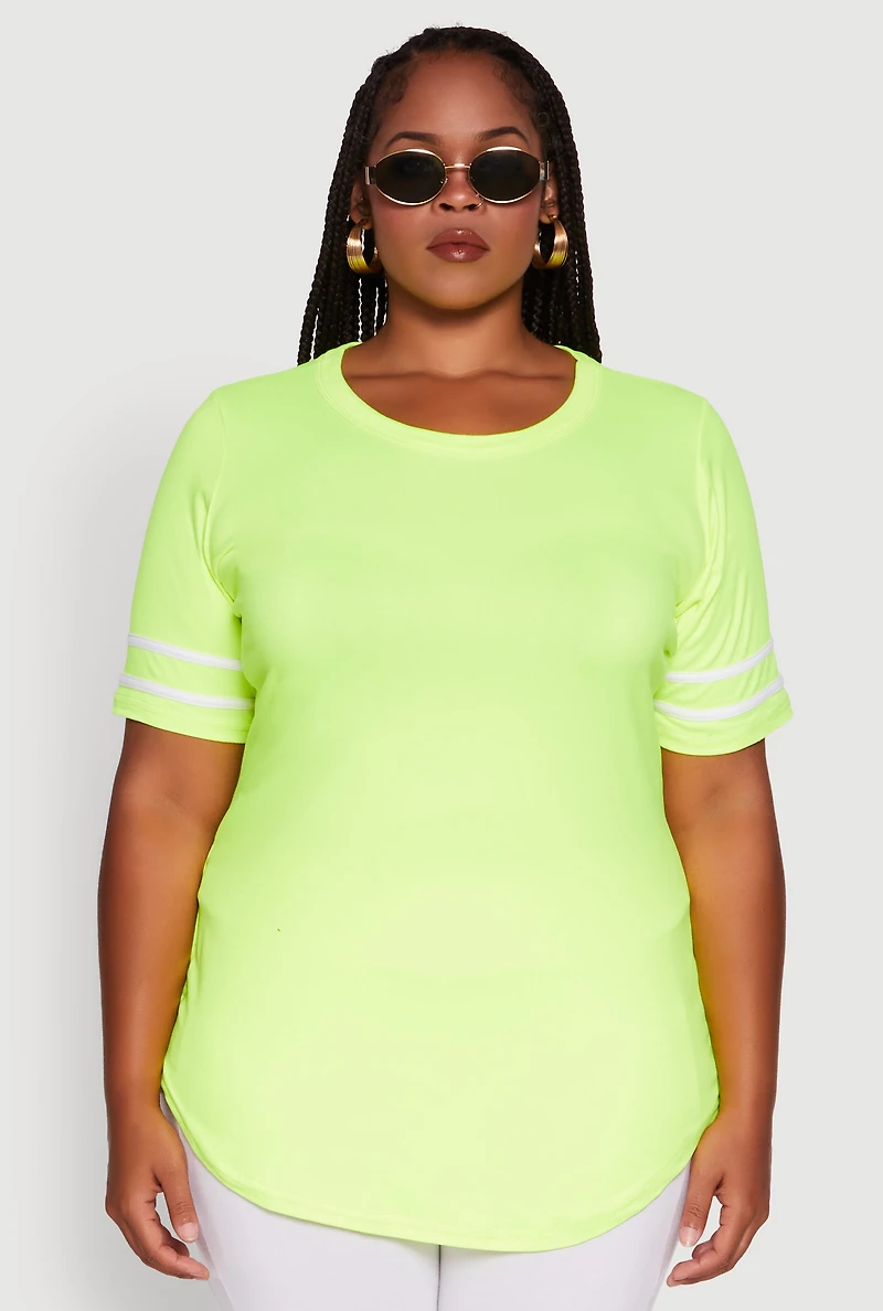 Womens Plus Size Classic Fit Tunic T-Shirt with Varsity Stripes, Green, Size 2X