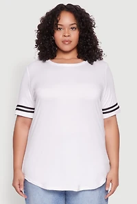 Womens Plus Varsity Stripe Sleeve Tee, White,