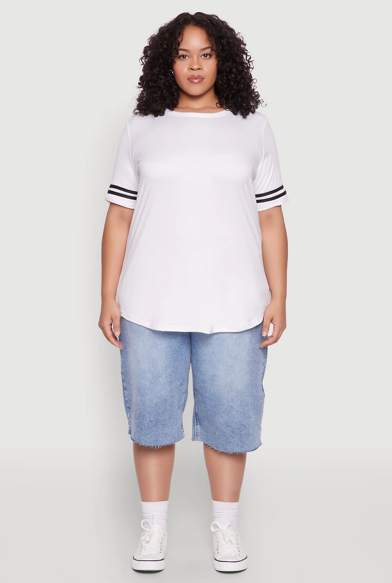 Womens Plus Varsity Stripe Sleeve Tee, White,