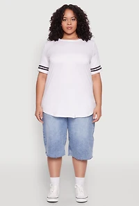 Womens Plus Varsity Stripe Sleeve Tee, White,