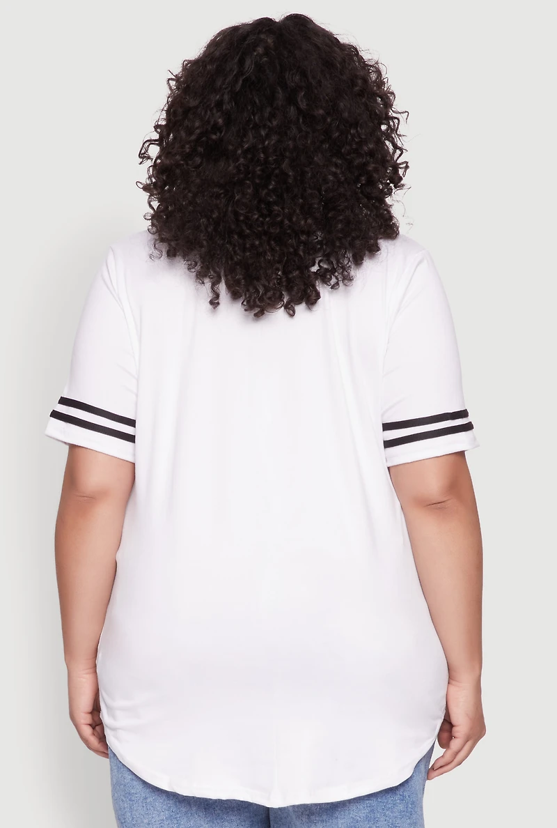Womens Plus Varsity Stripe Sleeve Tee, White,