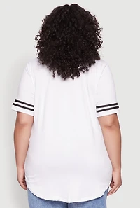 Womens Plus Varsity Stripe Sleeve Tee, White,