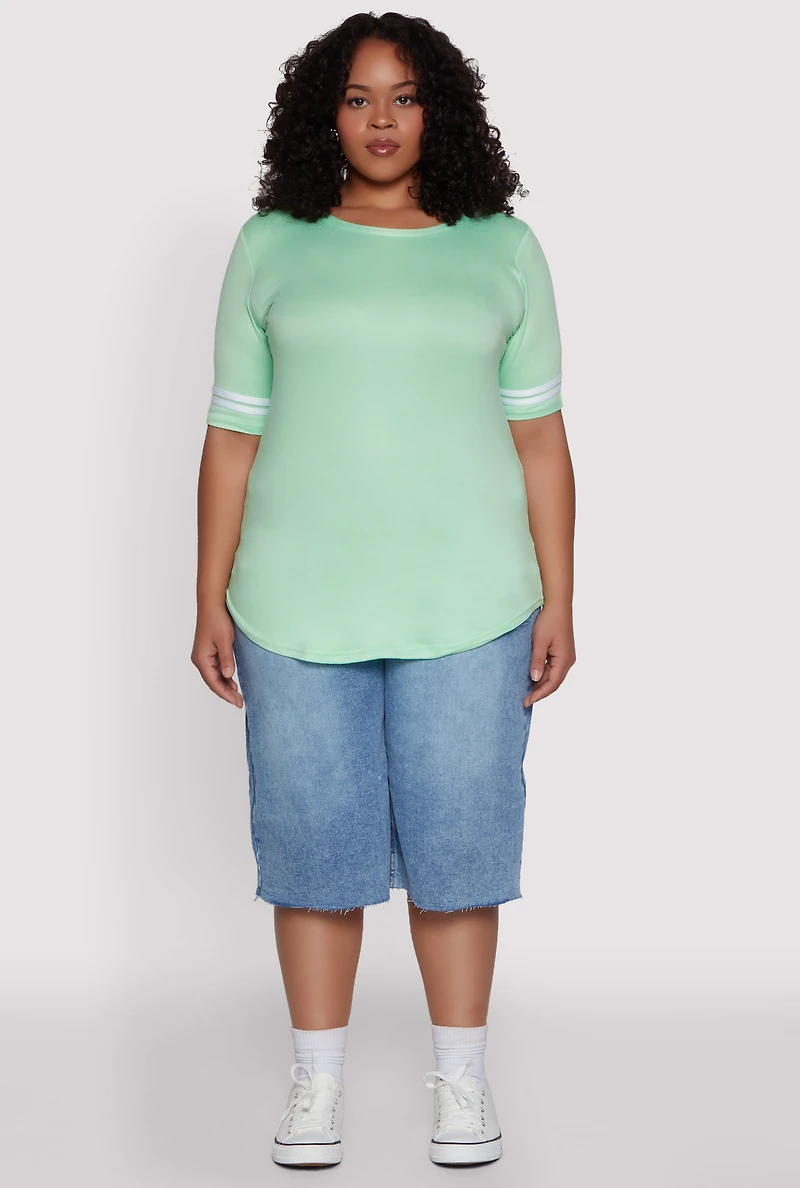 Womens Plus Varsity Stripe Sleeve Tee,