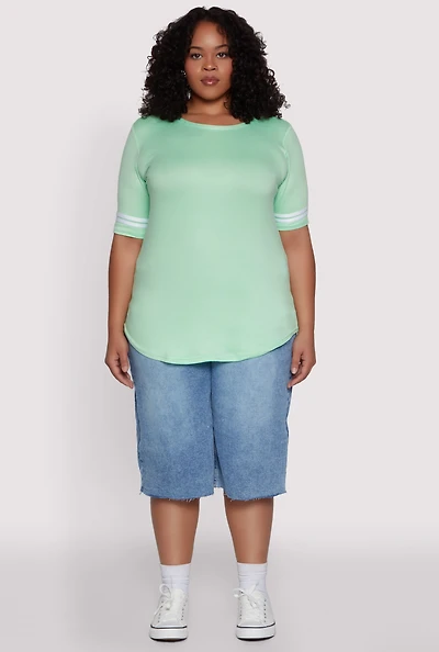 Womens Plus Varsity Stripe Sleeve Tee,