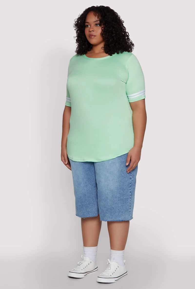 Womens Plus Varsity Stripe Sleeve Tee,
