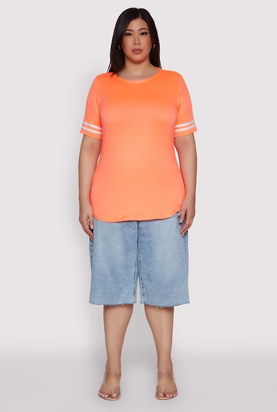 Womens Plus Varsity Stripe Sleeve Tee,