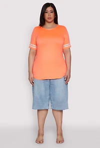 Womens Plus Size Varsity Stripe Sleeve Tee, Orange, Size 2X