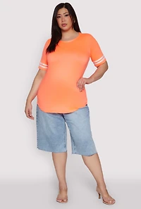 Womens Plus Size Varsity Stripe Sleeve Tee, Orange, Size 2X