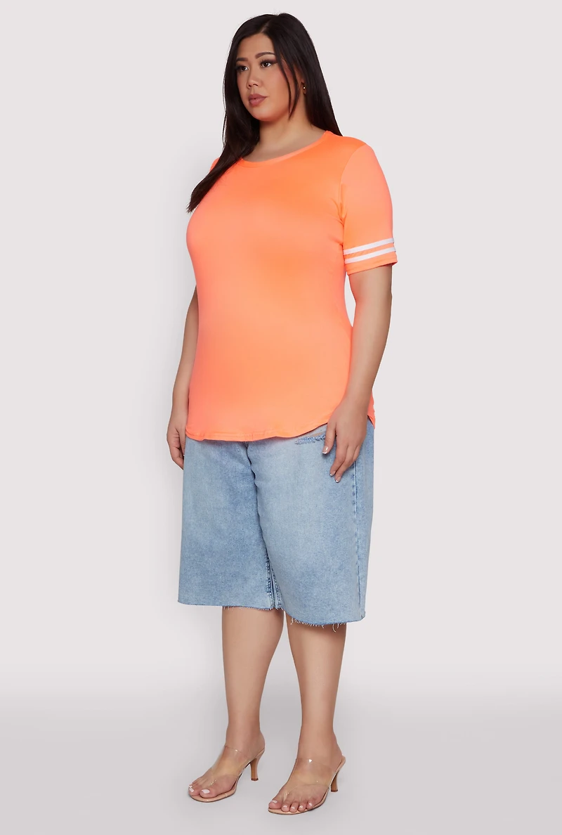 Womens Plus Size Varsity Stripe Sleeve Tee, Orange, Size 2X