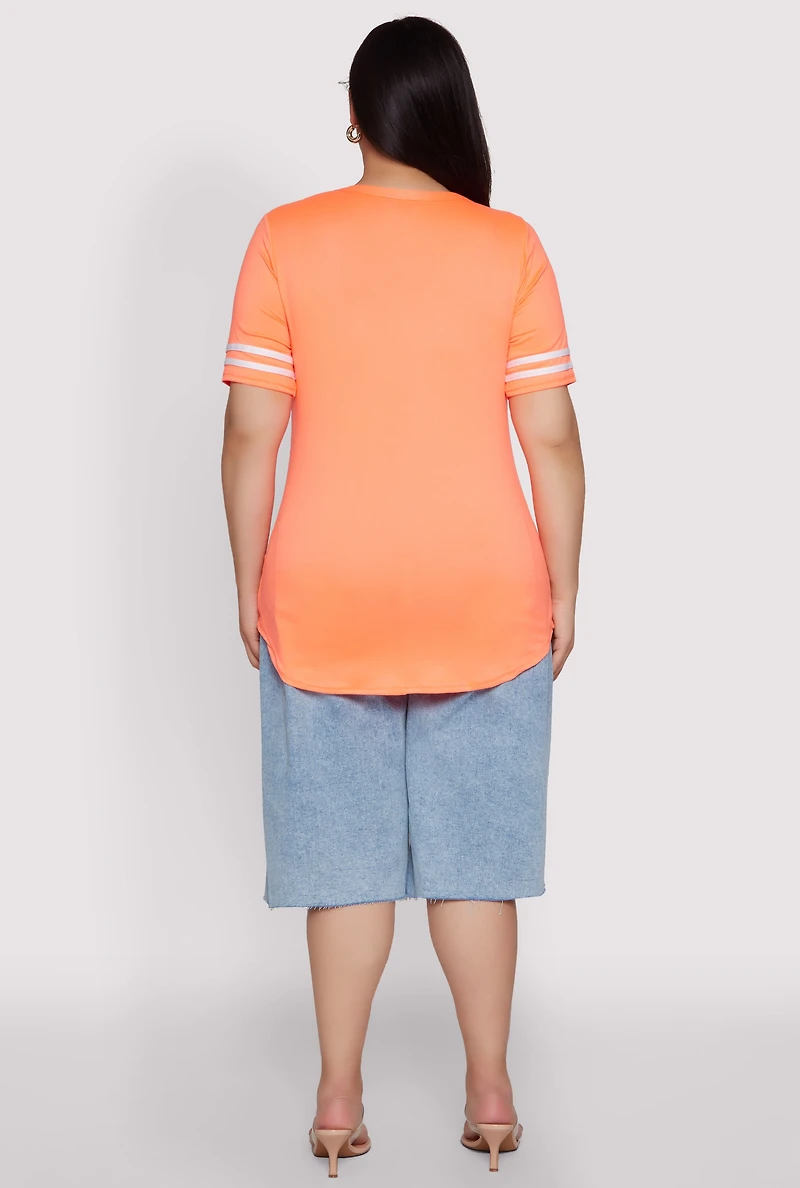Womens Plus Size Varsity Stripe Sleeve Tee, Orange, Size 2X