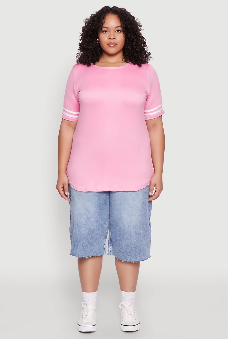 Womens Plus Size Varsity Stripe Sleeve Tee, Pink, Size 2X