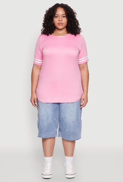 Womens Plus Size Varsity Stripe Sleeve Tee, Pink, Size 2X