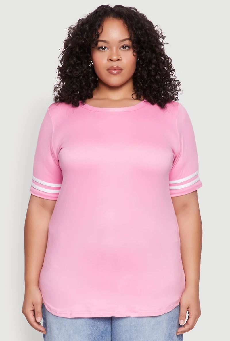 Womens Plus Size Varsity Stripe Sleeve Tee, Pink, Size 2X