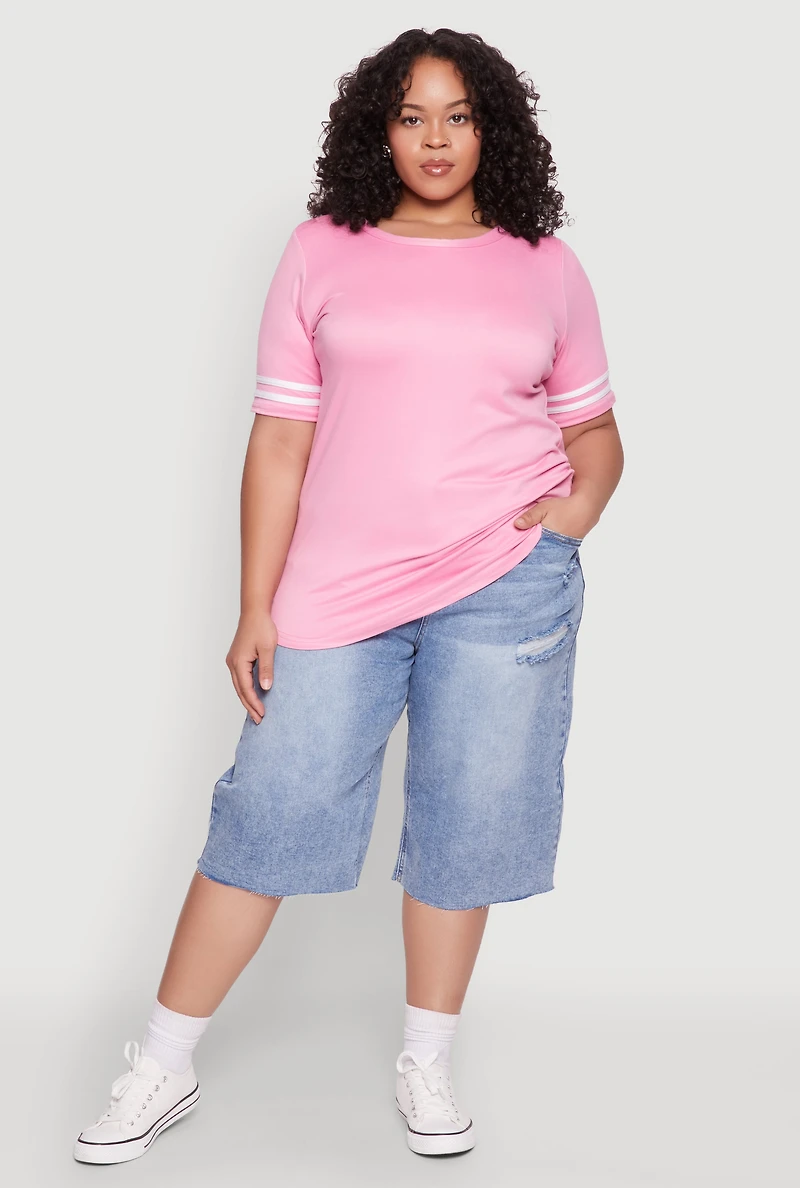 Womens Plus Size Varsity Stripe Sleeve Tee, Pink, Size 2X