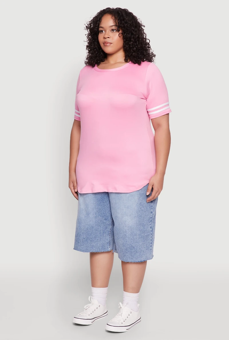 Womens Plus Size Varsity Stripe Sleeve Tee, Pink, Size 2X