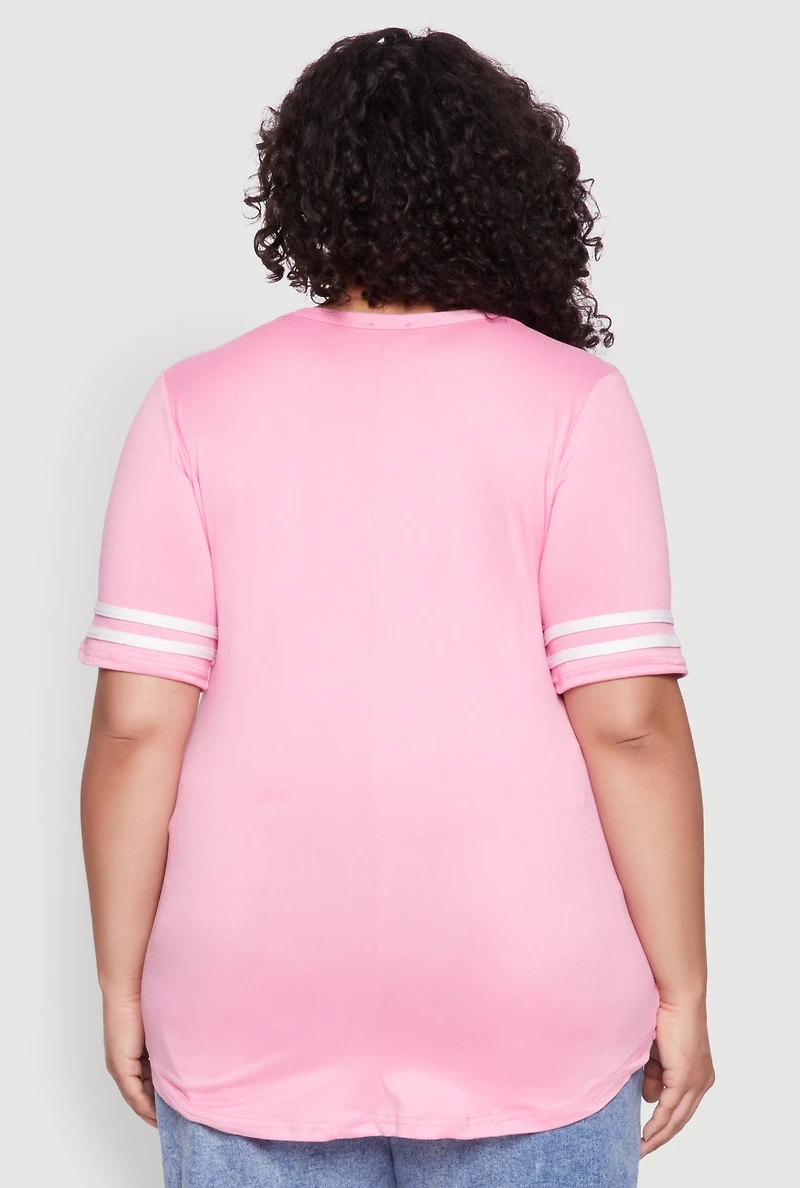 Womens Plus Size Varsity Stripe Sleeve Tee, Pink, Size 2X