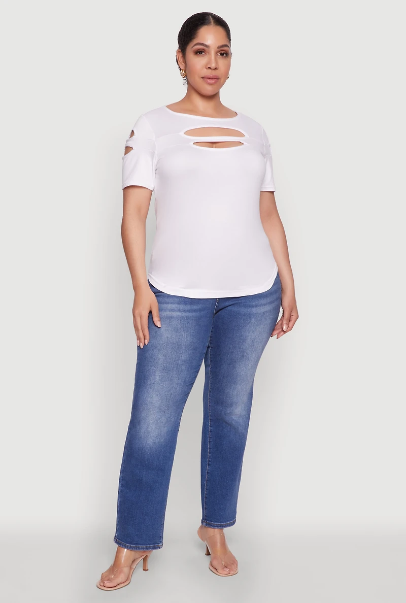 Womens Plus Size Cut Out Crew Neck Tee, White, Size 2X