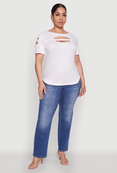 Womens Plus Size Cut Out Crew Neck Tee, White, Size 2X