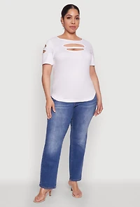 Womens Plus Size Cut Out Crew Neck Tee, White, Size 2X