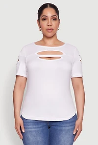 Womens Plus Size Cut Out Crew Neck Tee, White, Size 2X