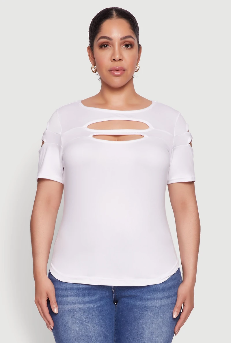 Womens Plus Size Cut Out Crew Neck Tee, White, Size 4X