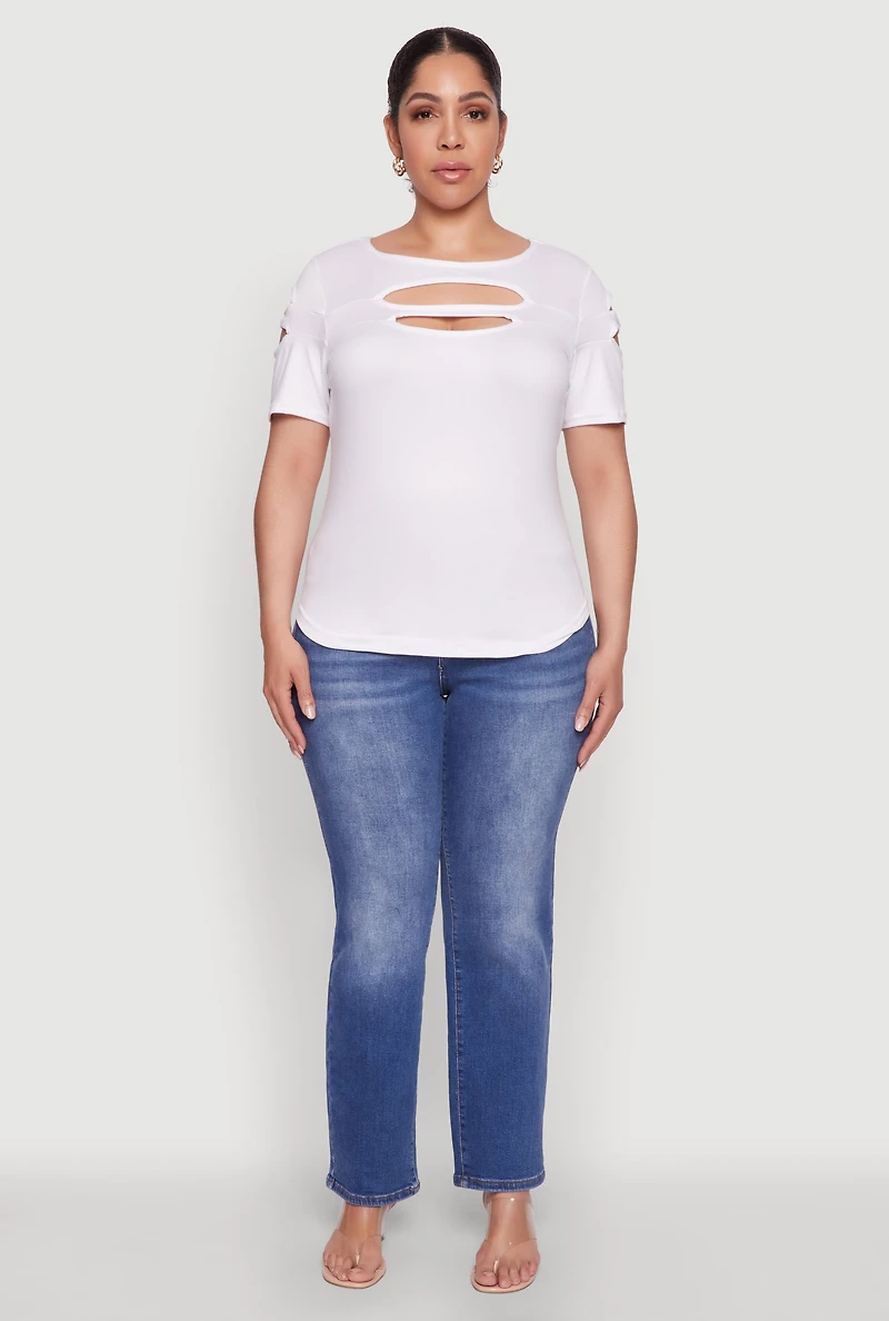 Womens Plus Size Cut Out Crew Neck Tee, White, Size 2X