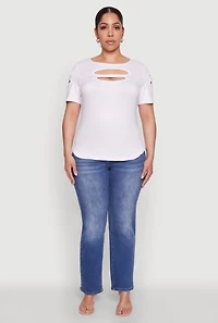 Womens Plus Size Cut Out Crew Neck Tee, White, Size 2X