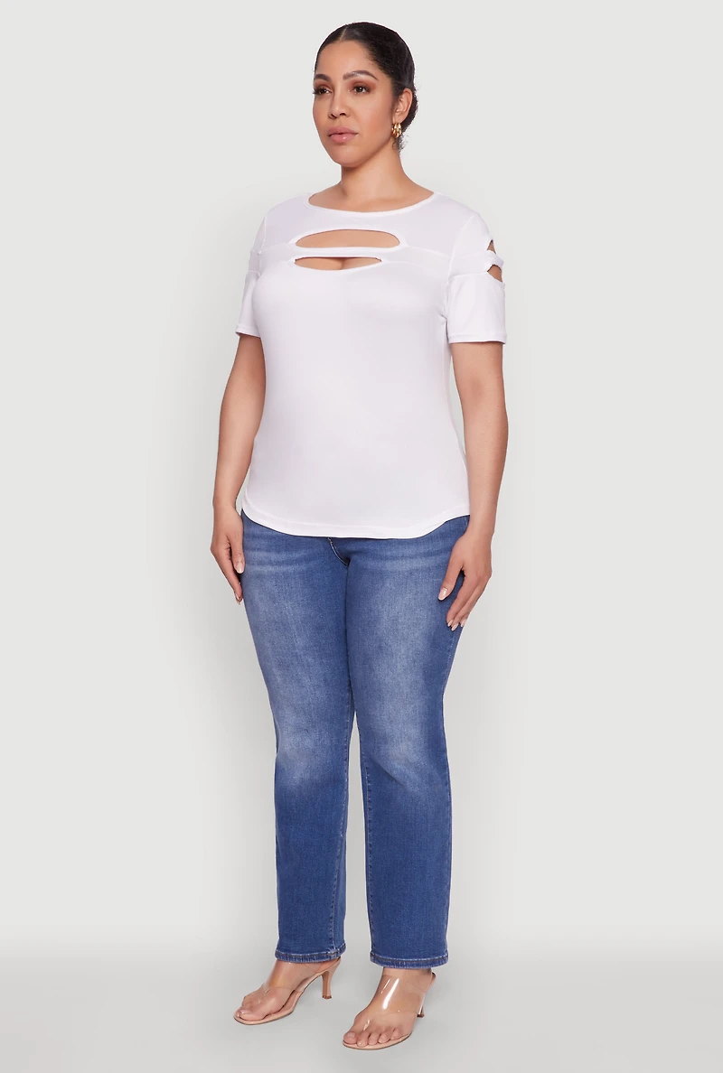 Womens Plus Size Cut Out Crew Neck Tee, White, Size 2X