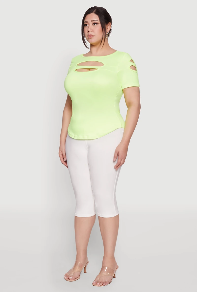 Womens Plus Cut Out Crew Neck Tee,
