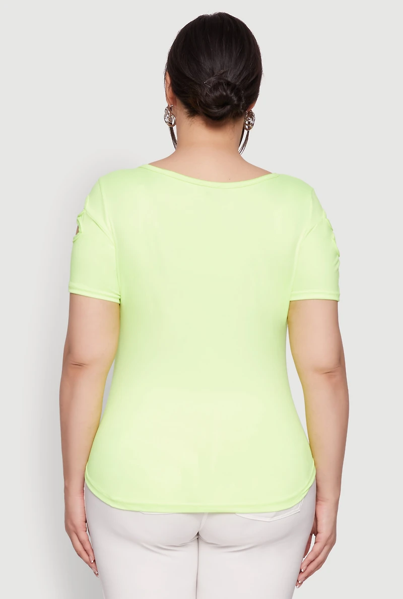 Womens Plus Size Cut Out Crew Neck Tee, Green, Size 2X